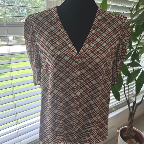 1. State Tops - 1 State Plaid Puff Sleeve Shirt, Red, Black, White, size large